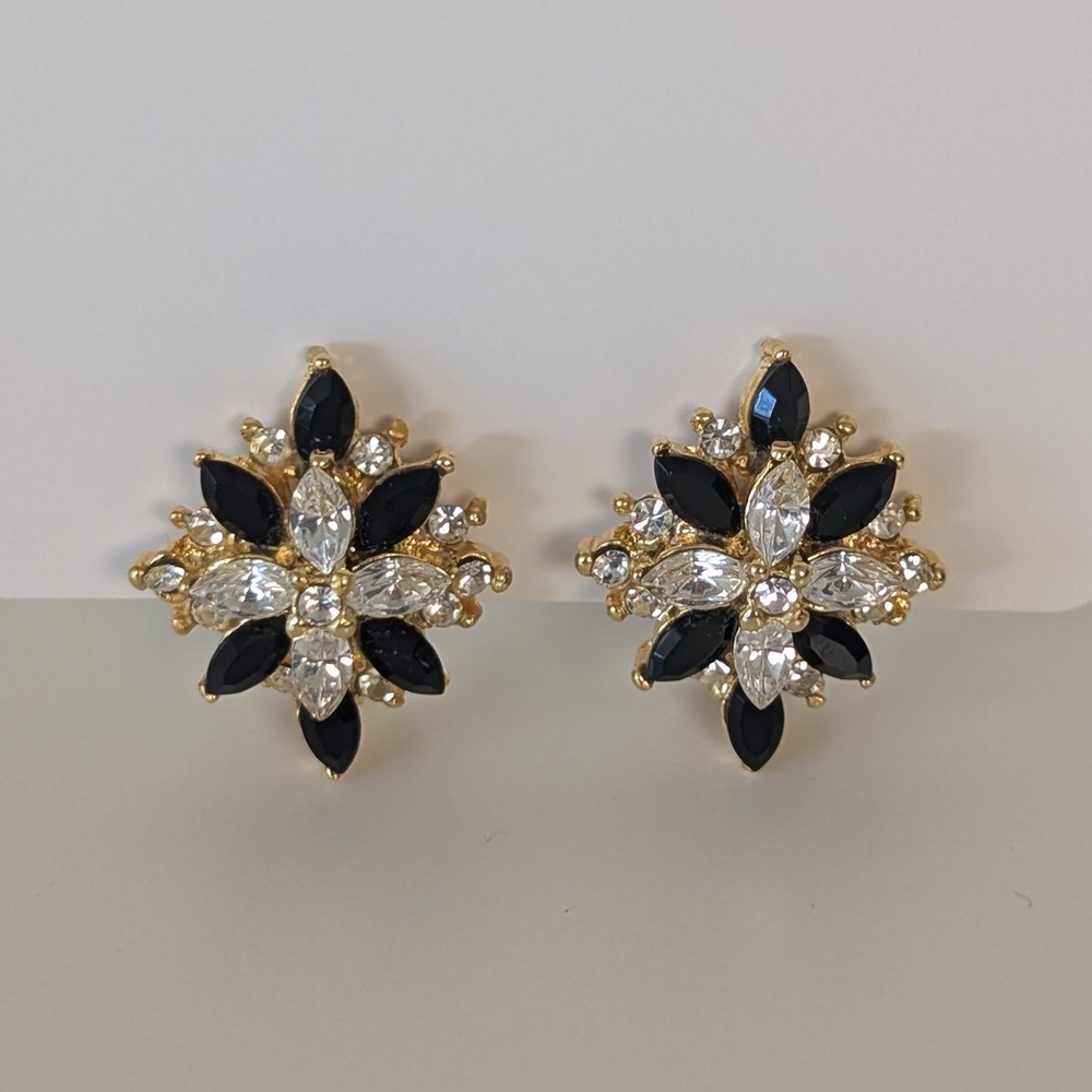 Vintage Elegant Black and Gold Floral Clip On Earrings